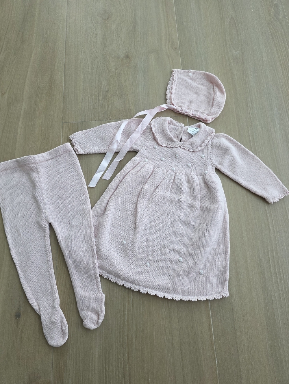 Antonella Kids baby knit set 3-6M – pink dress + leggings + bonnet boutique outf